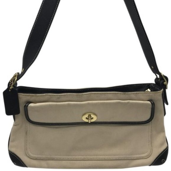 Coach Handbags - COACH Tan Black Fabric Shoulder Bag